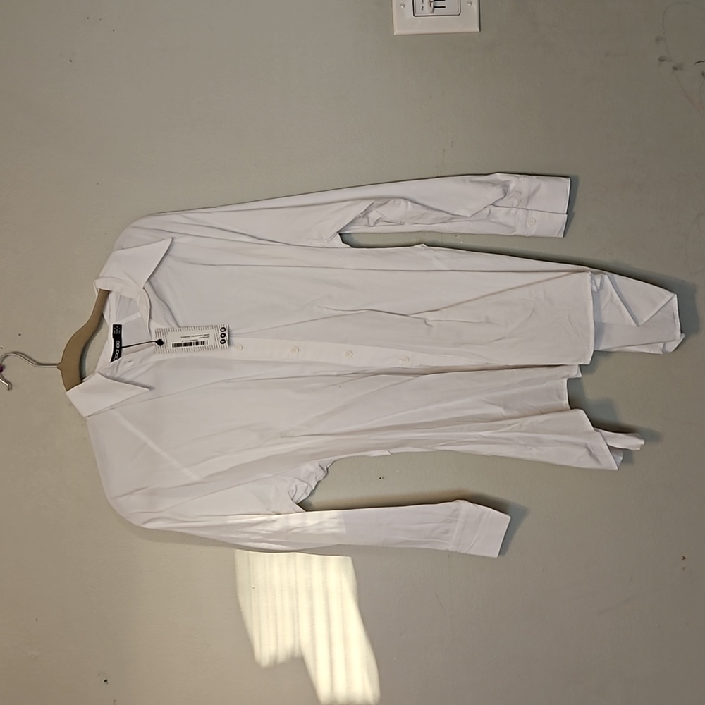 White peep hole tunic collared long sleeve shirt